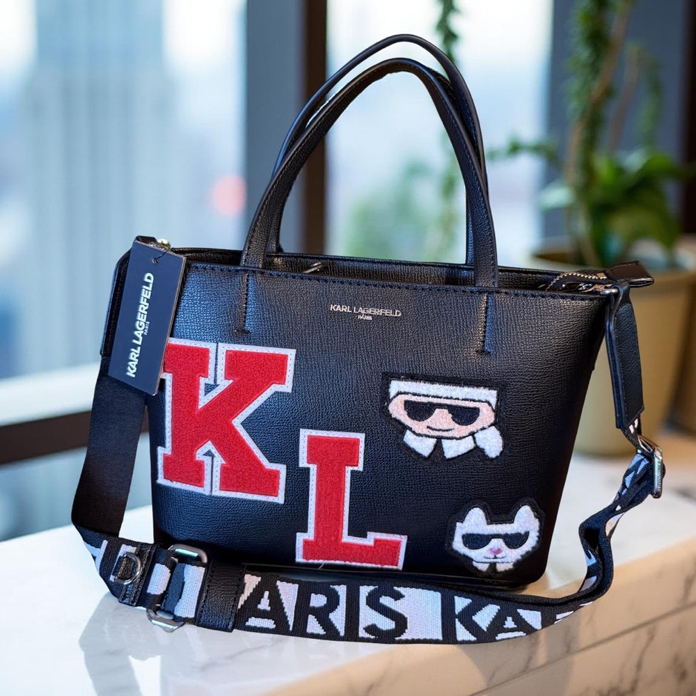 Karl Lagerfeld Paris NWT Classic Black Satchel Red & White KL Patches (P199)